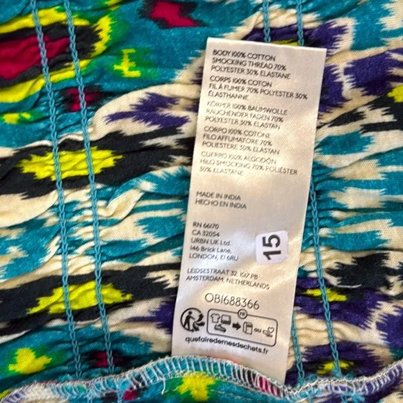 Anthropologie Women's Smocked Tube‎ Top Blue/Green Ikat Print Strapless Tank-S - Picture 8 of 9